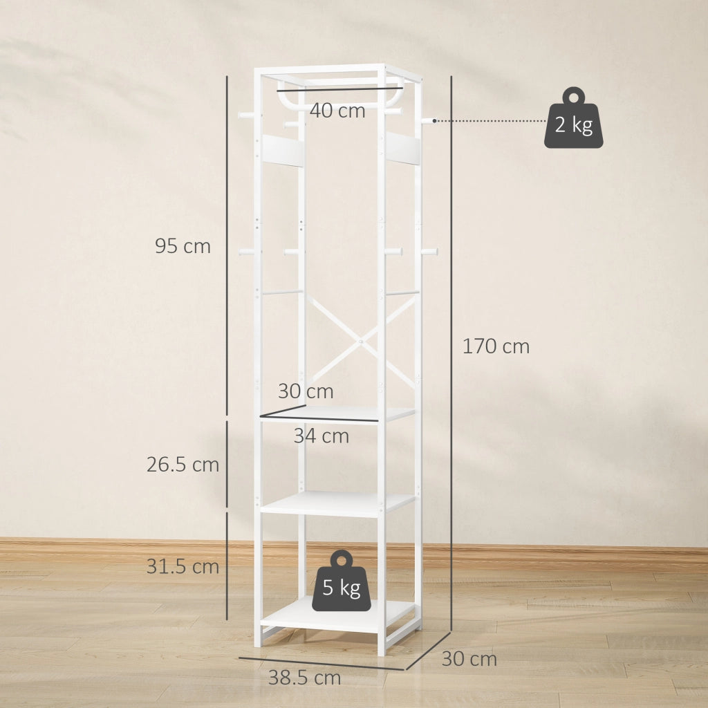 Appendiabiti con Asta e 2 Ripiani Aperti ¨C Minimal ¨C Bianco e Legno 38.5x30x170 cm