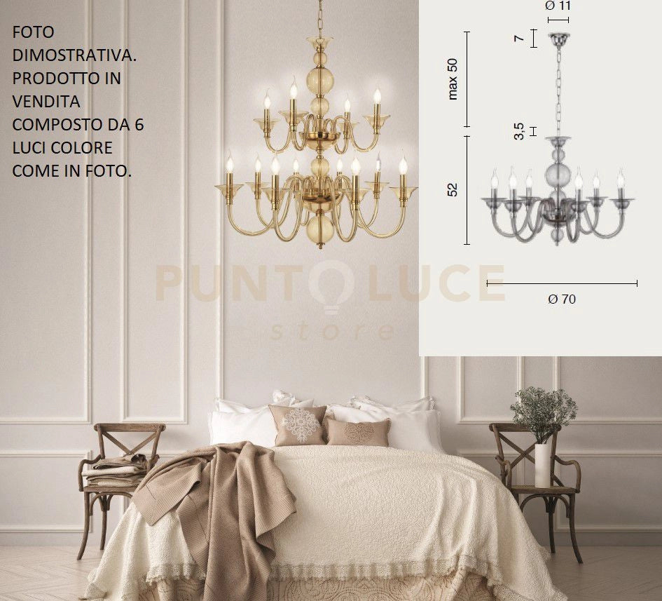 LAMPADARIO TEBE 6 LUCI AMBRA E ORO ATTACCO E14 D.70CM