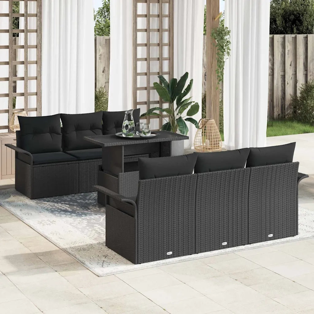 Set Divano da Giardino con cuscino 7 pcs Nero polyrattan