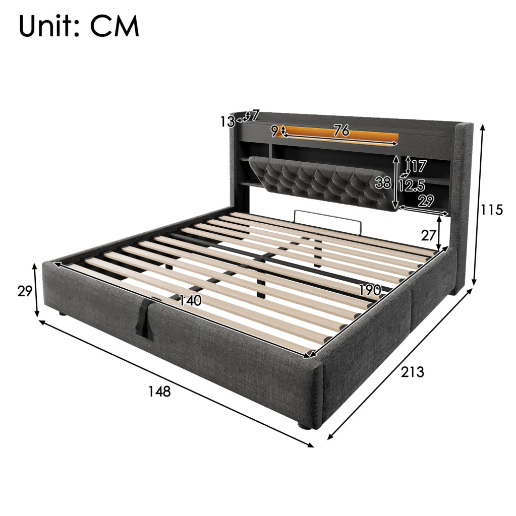 Letto contenitore 140x190 cm con LED, USB e testiera con ripiani