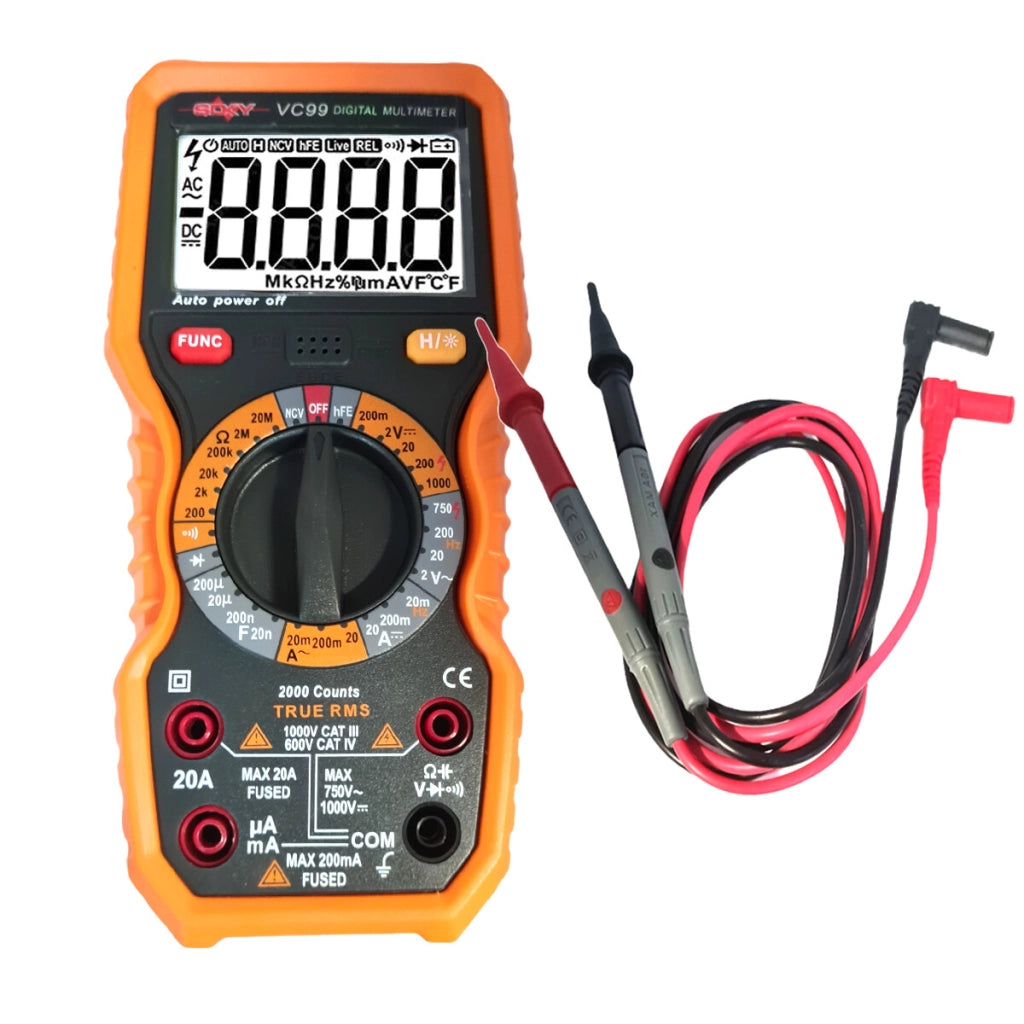 TESTER MULTIMETRO DIGITALE PUNTALI RILEVATORE AMPERE FARAD OHM VC99 AC DC 1000V