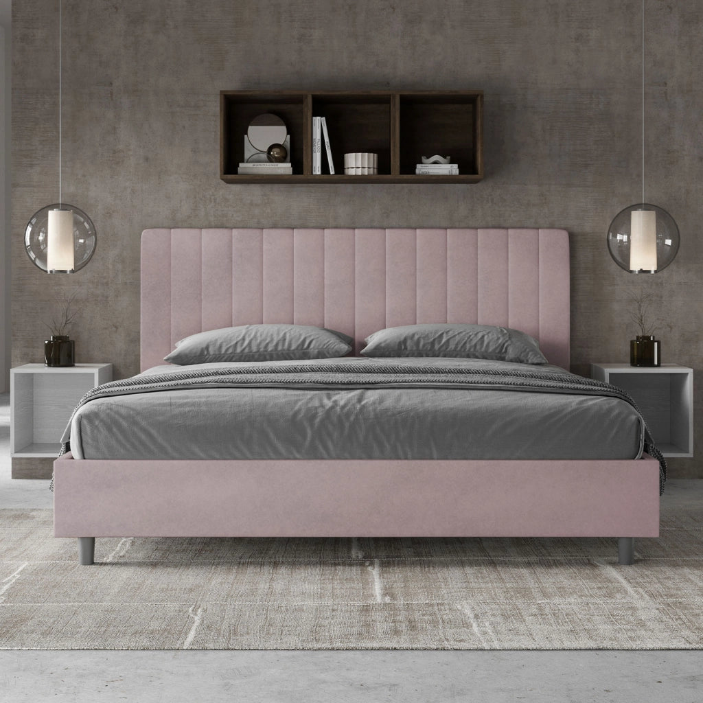 Letto Matrimoniale King Size 200x200 cm con Rete Imbottito in Microfibra Agueda Glicine