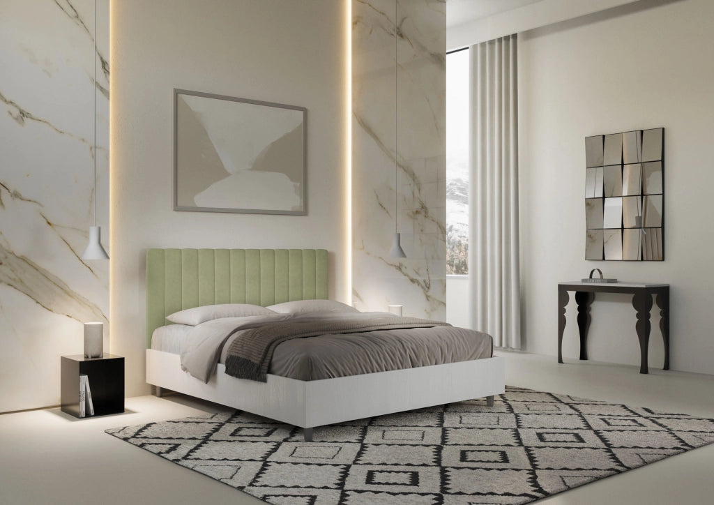 BS COM Letto matrimoniale con rete 160x200 bianco frassino testata microfibra tè verde