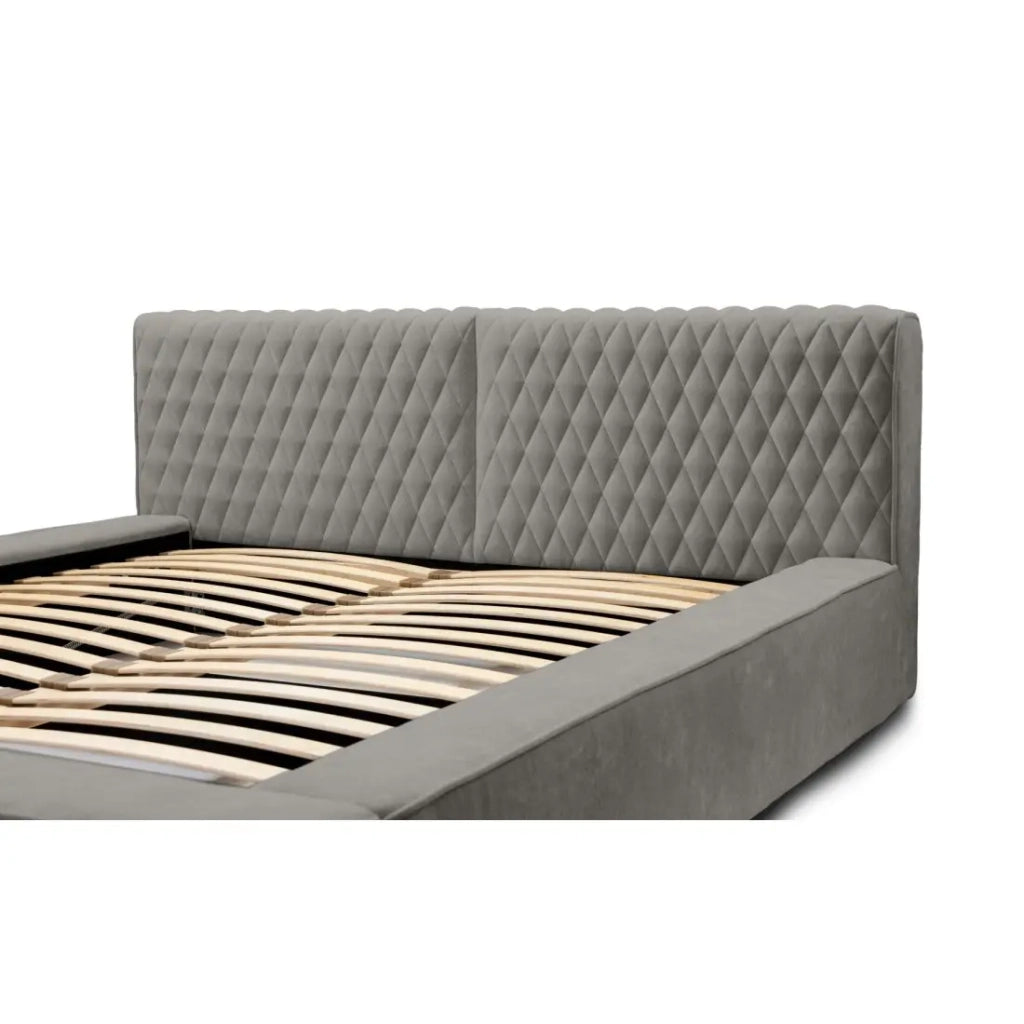 Letto contenitore VERNON – Tessuto ciniglia bouclé cenere taupe – 180x200 cm – Rete sollevabile – Design di alta gamma