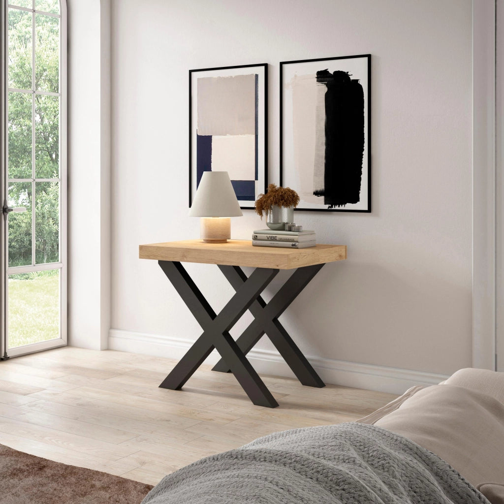 Consolle allungabile, 58 fino 222x90x73cm, Per 10 persone, Gambe in legno, colore Rovere RF2782