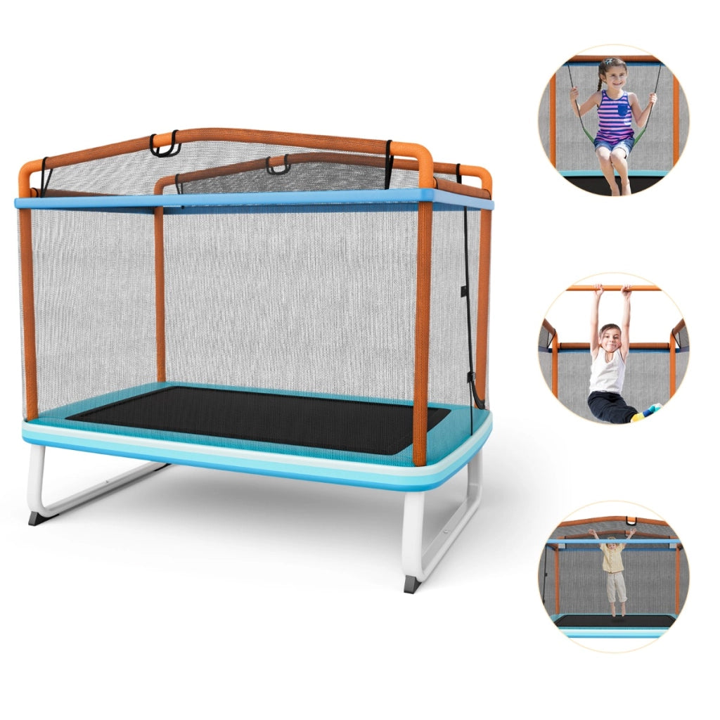Trampolino per bambini con rete di protezione altalena barra orizzontale, Trampolino da esterno 190x124x222cm Arancione