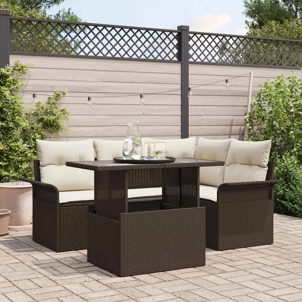 Set Divano da Giardino con cuscino 5 pcs Marrone Poly Rattan