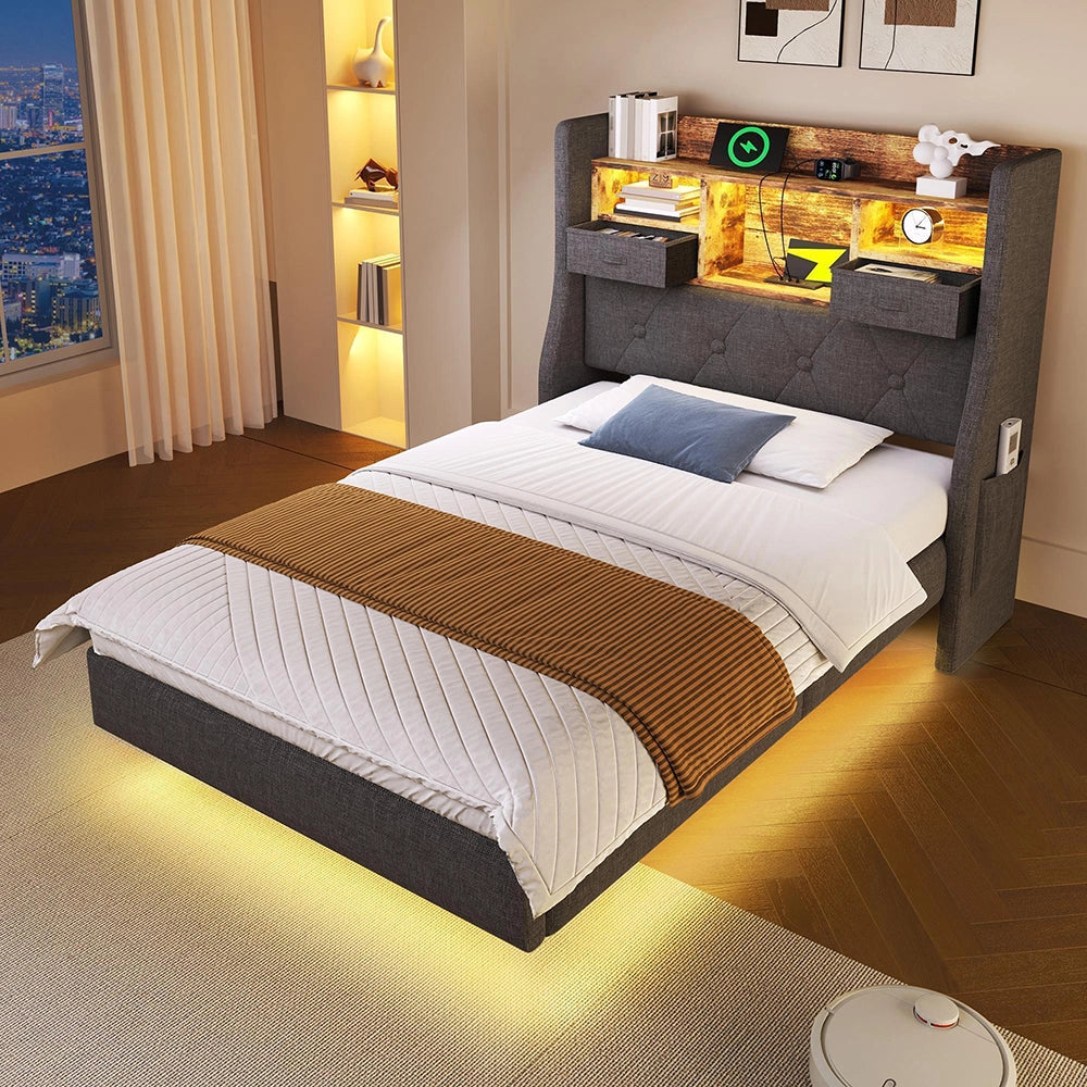 Letto sospeso 90x200cm?- Xylo - LED USB Type-C lino grigio