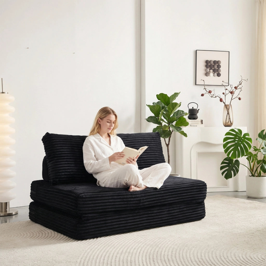Divano Letto Pieghevole ¨C MINIMAL ¨C Nero, Velluto a Coste, Senza Montaggio