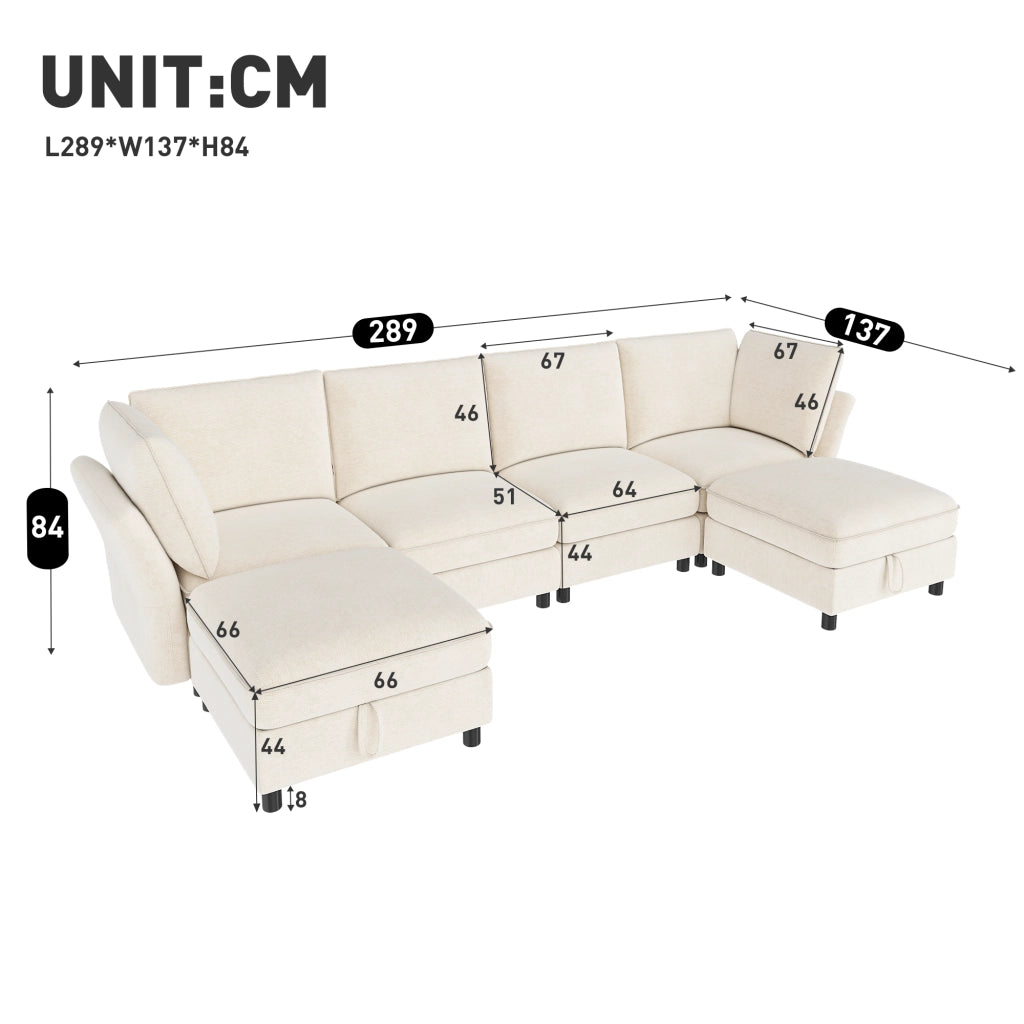 Divano Angolare Modulare 6 Posti con Contenitore e 2 Pouf, Chenille Beige, 289 × 137 × 84 cm
