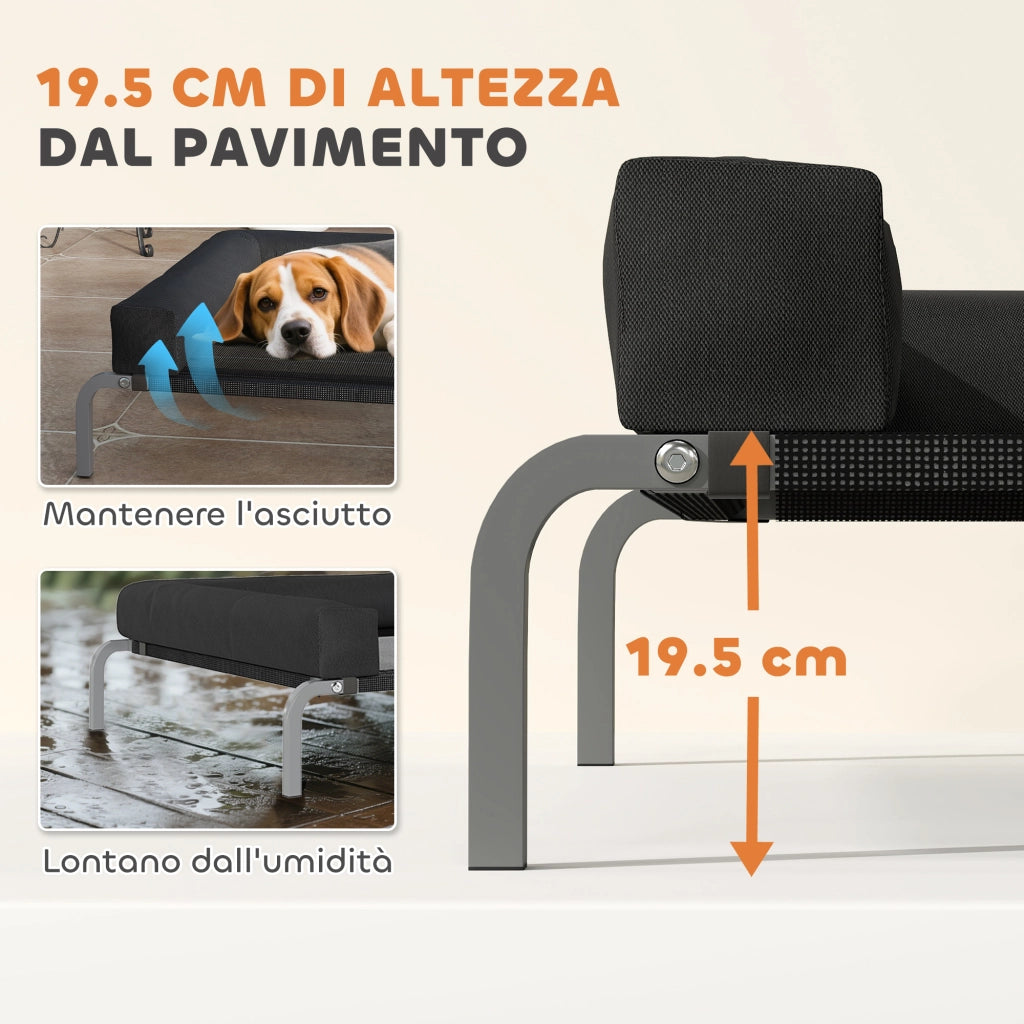 Lettino per Cani Rialzato con Cuscino ¨C Minimal ¨C Nero e Argento, Poliestere e Acciaio, 110x75x30 cm