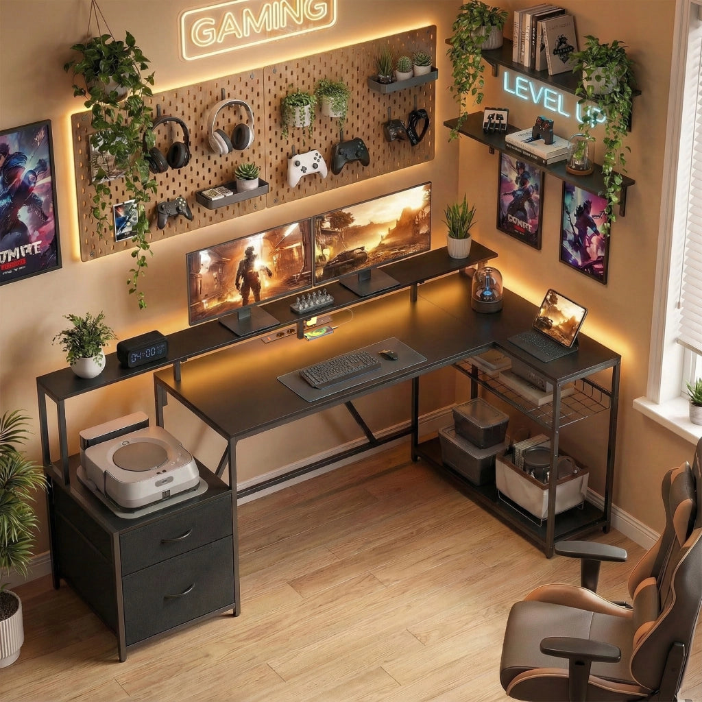 Scrivania Gaming Angolare con Hub di Ricarica, Luci LED e Supporto Monitor, in Legno e Acciaio, 192.5x80x86.5 cm, Nero