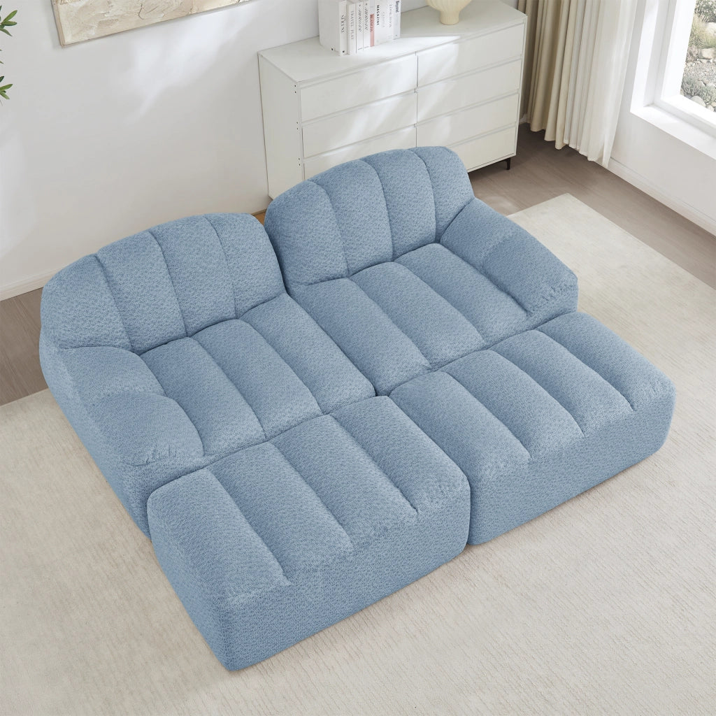Divano modulare 2 posti con 2 pouf componibili e design ergonomico in tessuto blu