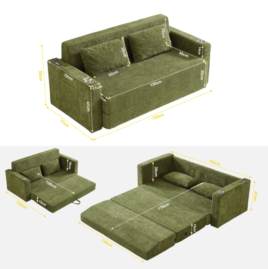 Divano letto 2 posti trasformabile con USB; portabicchieri e tasche laterali; verde