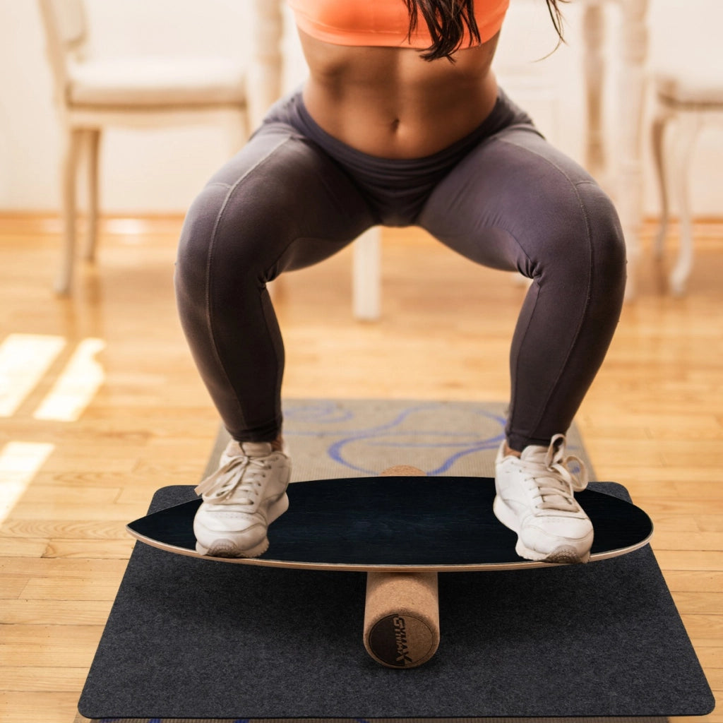 Tavola oscillante realizzata in legno di betulla e sughero, Balance board con rullo e copertura antiscivolo Nero