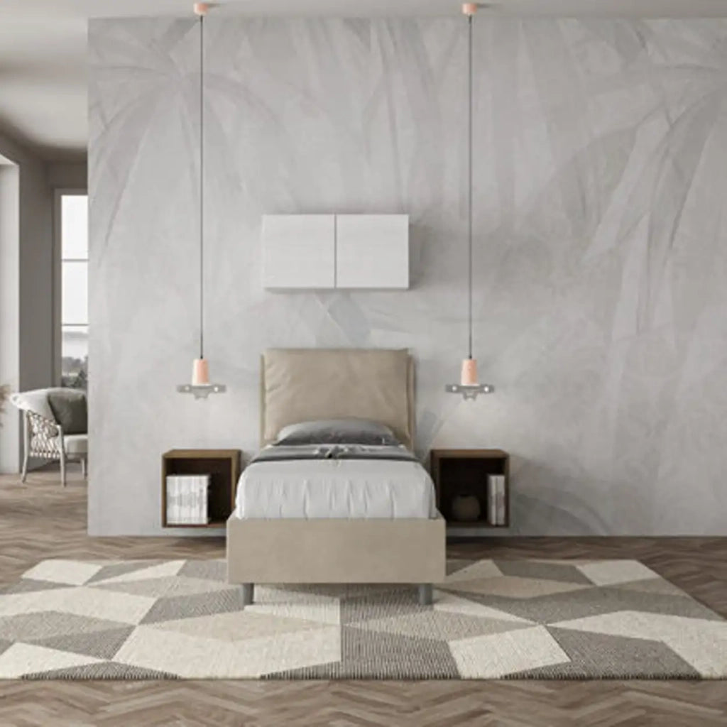 Letto singolo contenitore imbottito 80x200 microfibra sabbia Antea