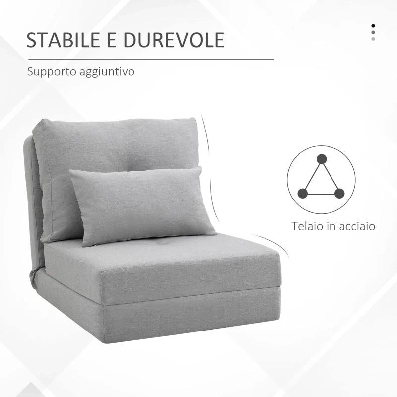 POLTRONA LETTO 3 IN 1 CONVERTIBILE IN CHAISE LONGUE E DIVANO DA TERRA CON 2 CUSCINI, GRIGIO CHIARO