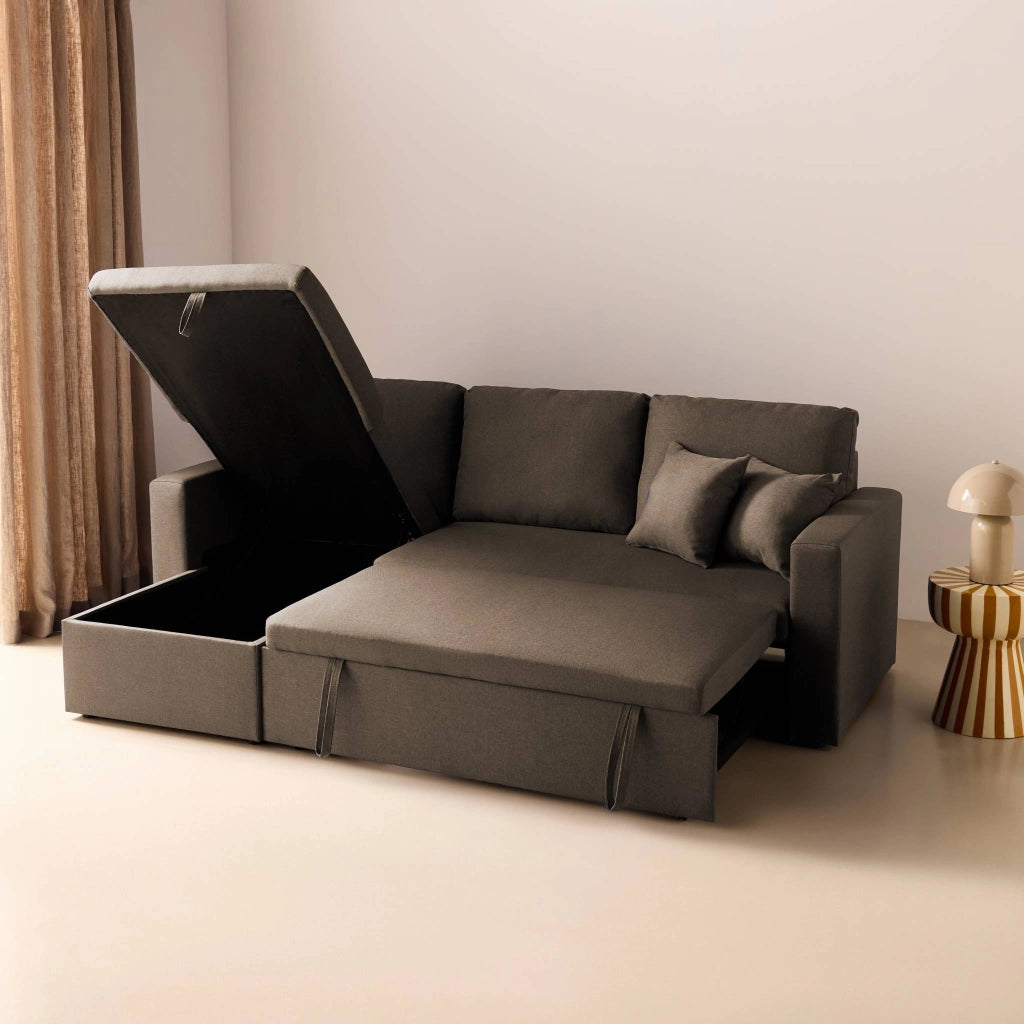 Divano letto angolare reversibile con contenitore, 3 posti, marrone