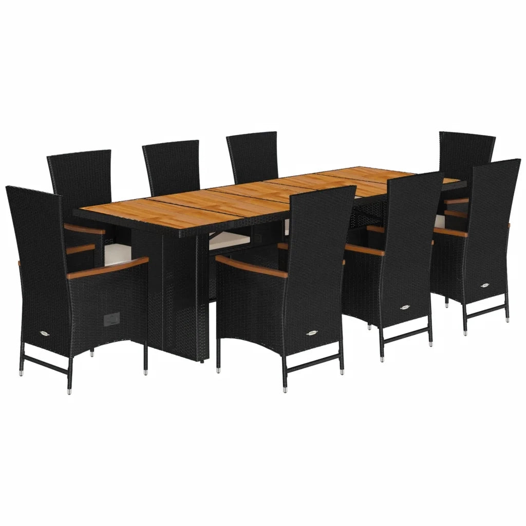 Set da Pranzo da Giardino 9 pz con Cuscini Nero in Polyrattan