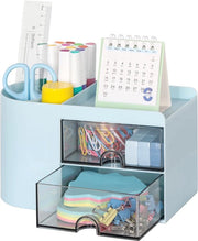 Penieritore per Ufficio con 2 Cassetti, Penieritore multifunzionale per Scrivania, Organizzatore per Scrivania con 3 Compartimenti, Organizzatore per Ufficio per Bambini, Blu