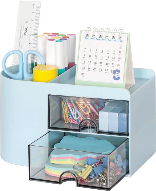 Penieritore per Ufficio con 2 Cassetti, Penieritore multifunzionale per Scrivania, Organizzatore per Scrivania con 3 Compartimenti, Organizzatore per Ufficio per Bambini, Blu