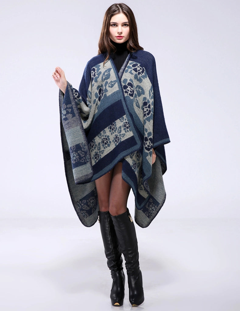 Sciarpa/mantella/cappotto/foulard reversibile da donna in cashmere caldo e spesso con stampa floreale per autunno/inverno