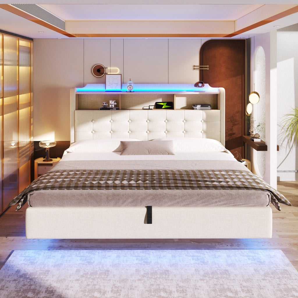 LETTO Imbottito 180x200 cm in lino beige con LED, USB e vano idraulico