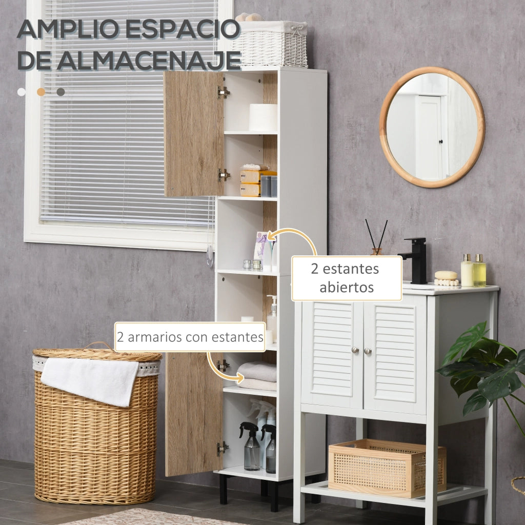 Colonna da Bagno con 6 Compartimenti ¨C Minimal ¨C 31.5x30x169 cm Bianco e Rovere