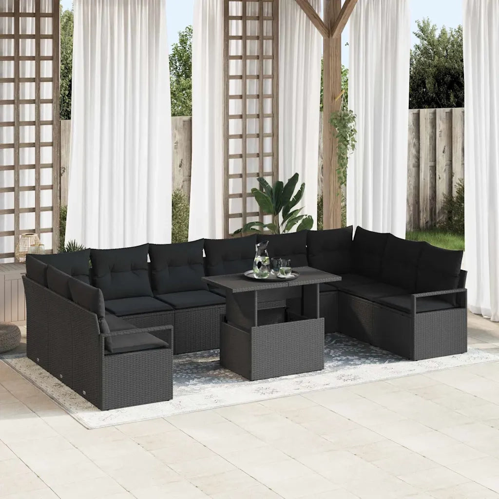 Set Divano da Giardino con cuscino 11 pcs Nero polyrattan