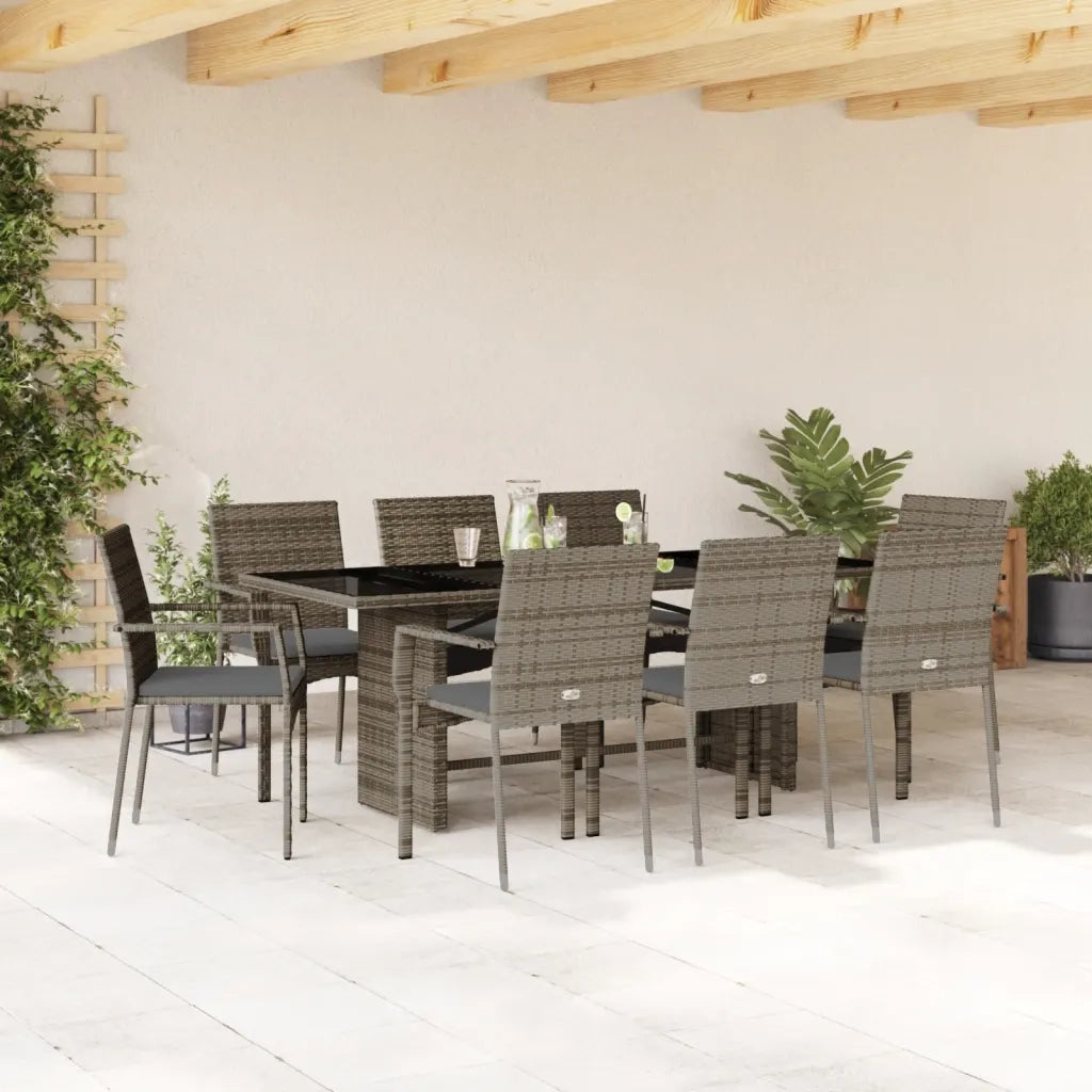 Set da Pranzo da Giardino 9 pz con Cuscini in Polyrattan Grigio
