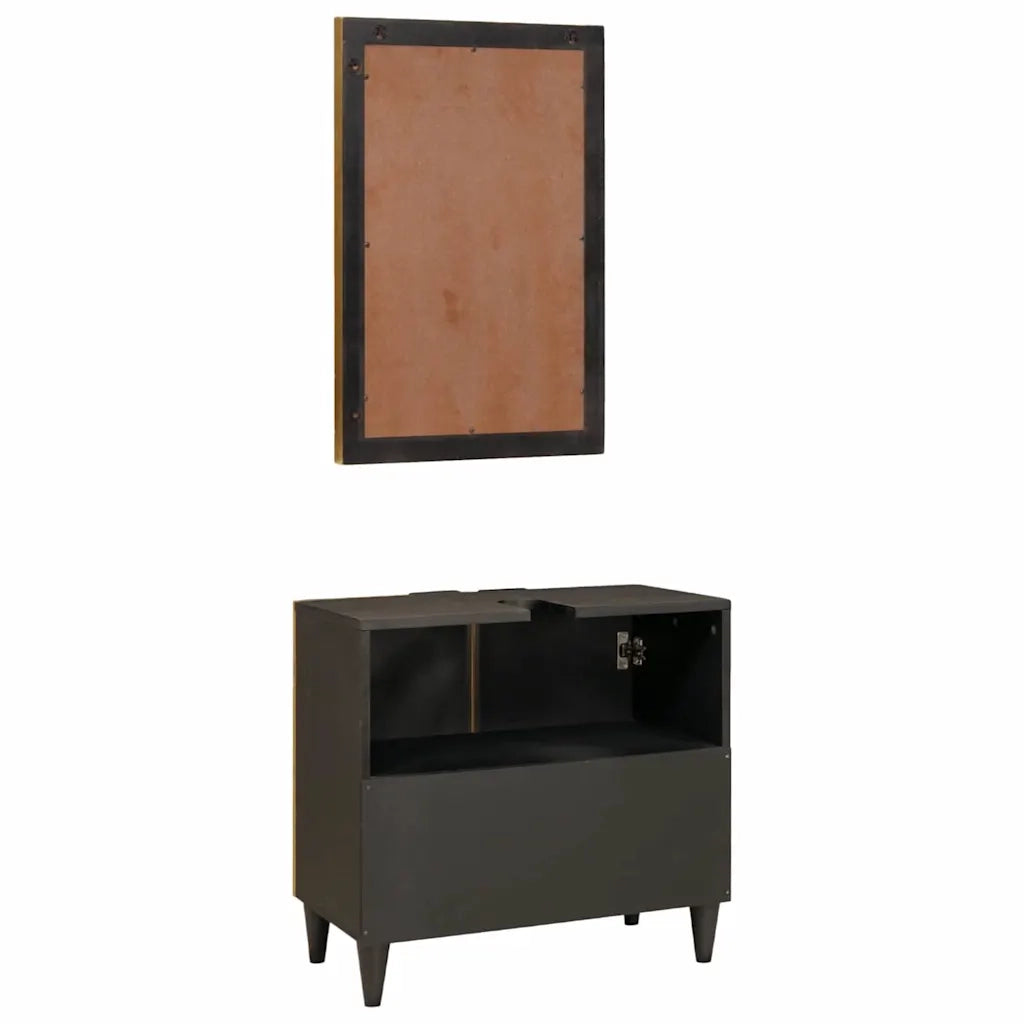 Set di Armadi da Bagno 2 pcs Nero e Oro Legno di mango massello