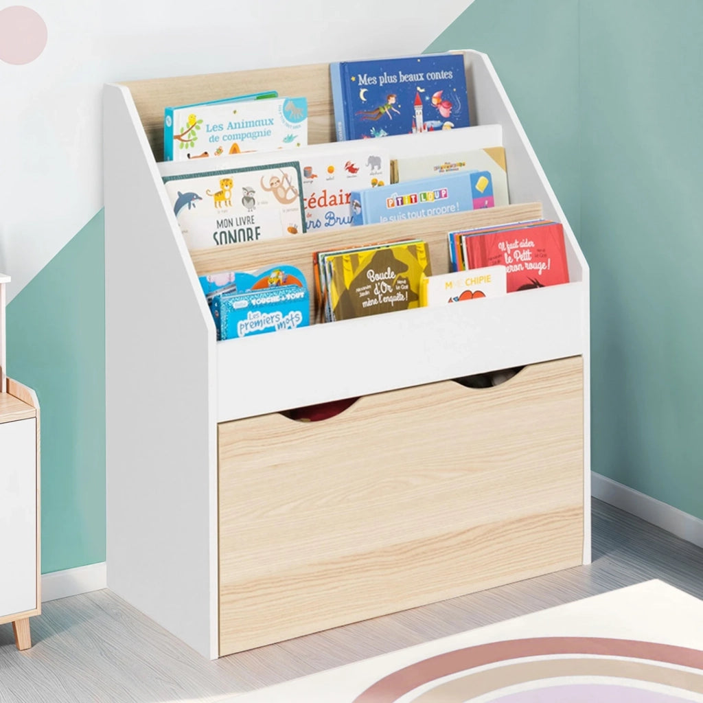 IDMarket - Libreria per bambini MANA con 3 ripiani e 1 vassoio su ruote bianche e faggio