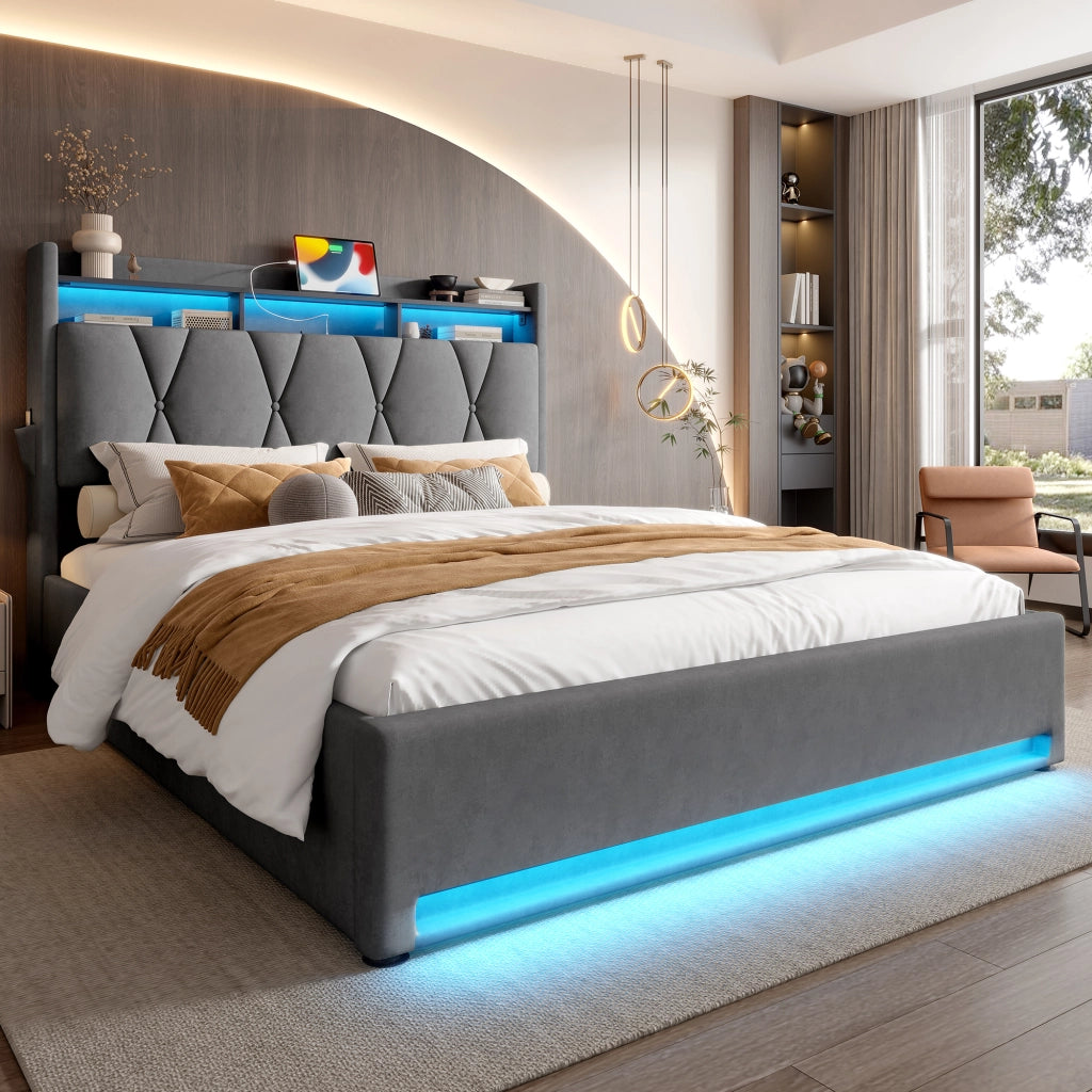 LETTO imbottito 140x200 cm in velluto grigio scuro con LED, USB Type-C e contenitore
