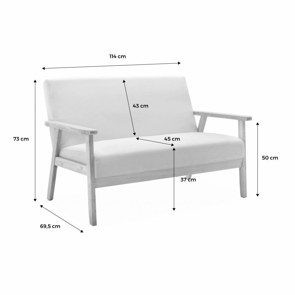 Set panca e poltrona in legno e tessuto, 3 posti, crema
