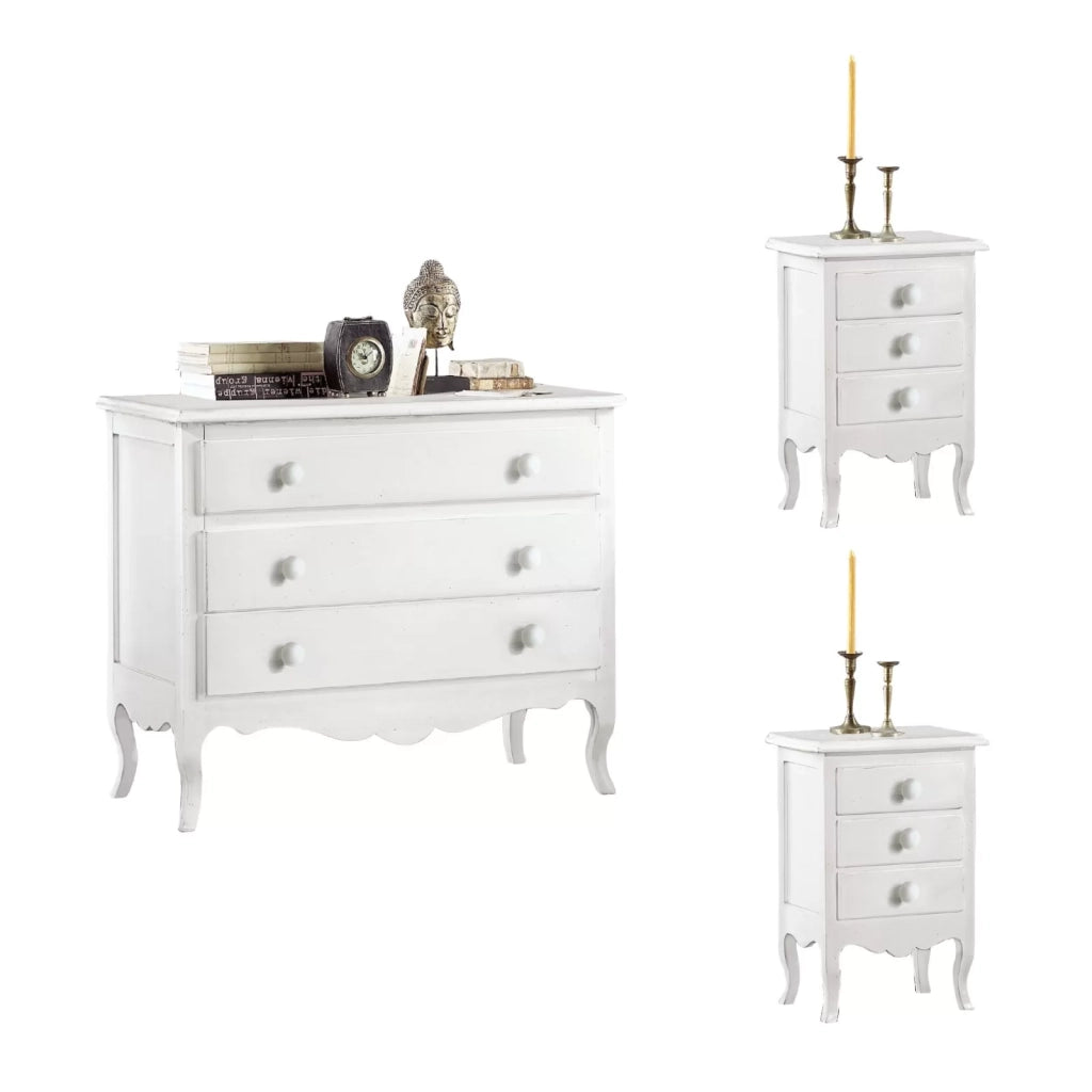 Gruppo 1 cassettiera 2 comodini shabby bianco opaco (1305) (1306) - Mobili 2G