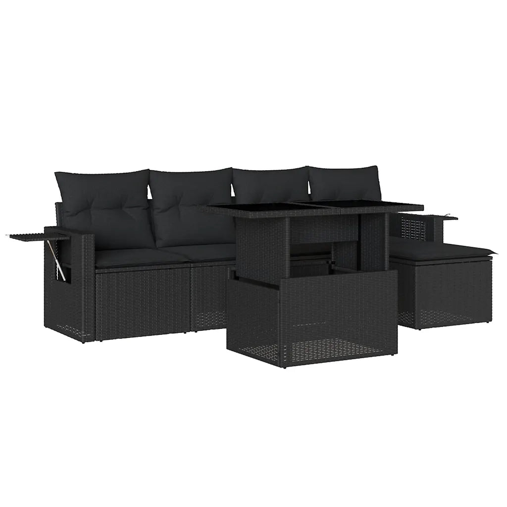Set Divano da Giardino 6 pz con Cuscini Nero in Polyrattan
