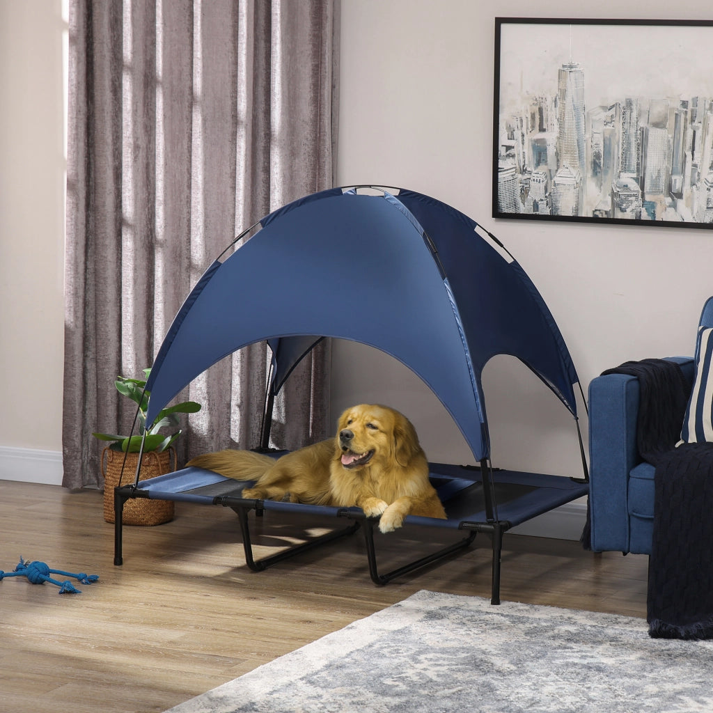 Letto per Cane Esterno con Baldacchino ¨C Minimal ¨C Blu e Nero 122x92x108 cm