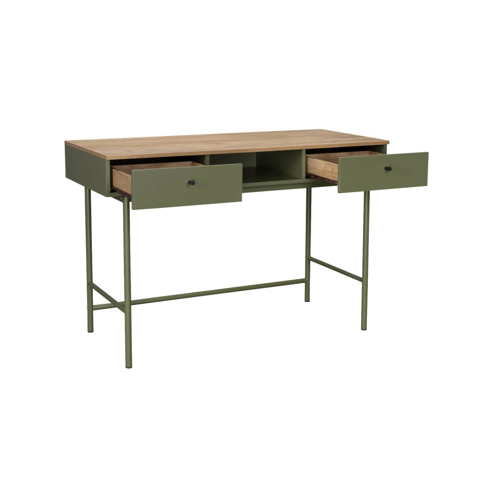 Scrivania decorativa in legno e ferro con 2 cassetti e 1 scomparto,