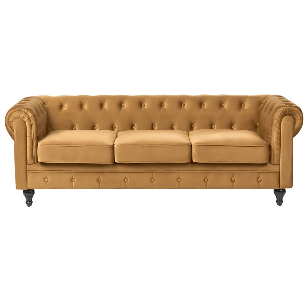 Set da soggiorno Chesterfield con rivestimento in velluto oro con gambe nere divano a 3 posti + poltrona