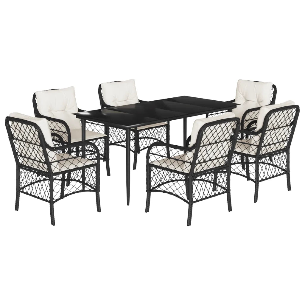 Set da Pranzo da Giardino 7 pz Nero con Cuscini in Polyrattan
