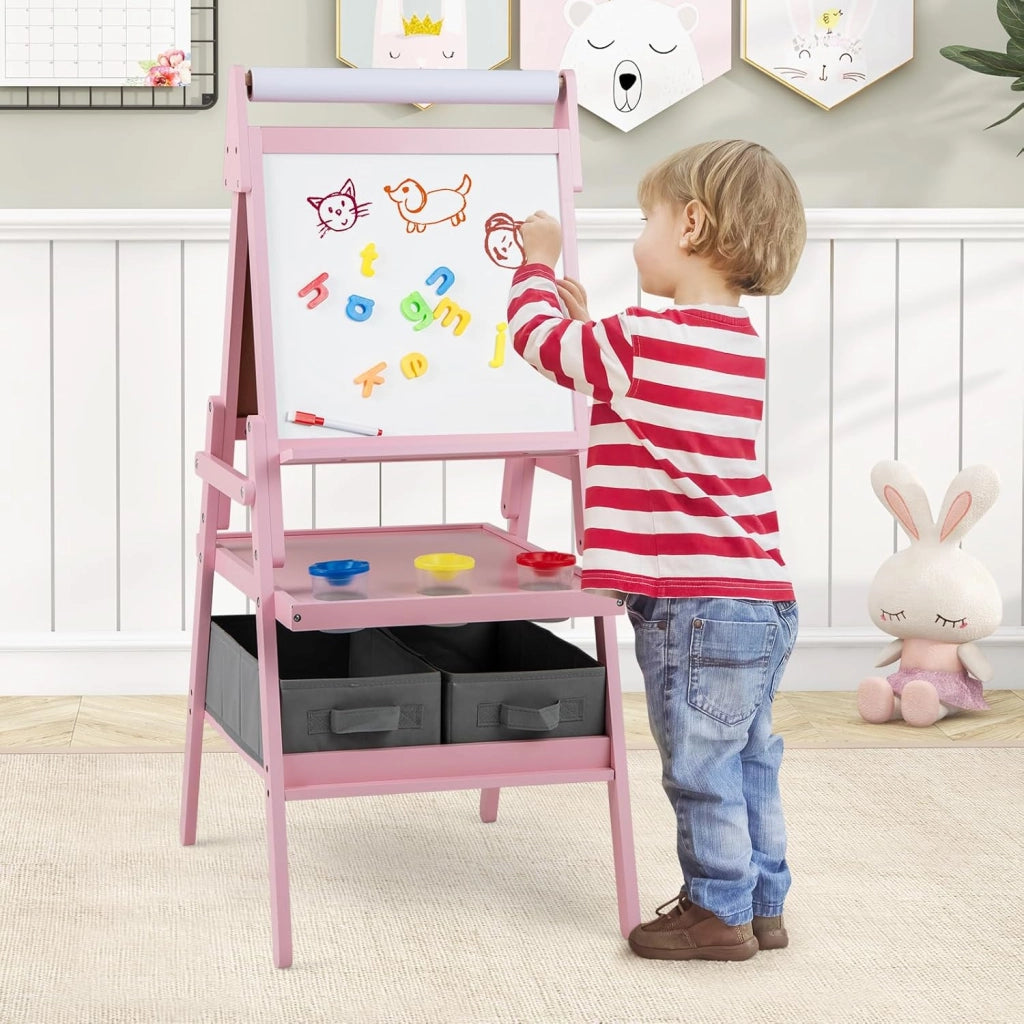 3 in 1 Cavalletto per Bambini, Cavalletto con Doppia Faccia Magnetica e Lavagna Bianca, Rotolo di Carta, 3 Bicchieri per Vernice e 2 Ceste in Tessuto, per Bambini 3-6 Anni (Rosa)