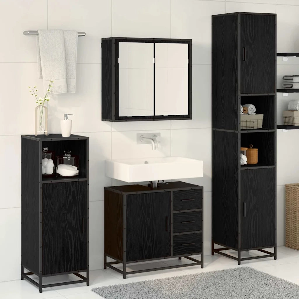 Set di mobili per il Bagno | Armadio da bagno 3 pz Rovere Nero Legno multistrato