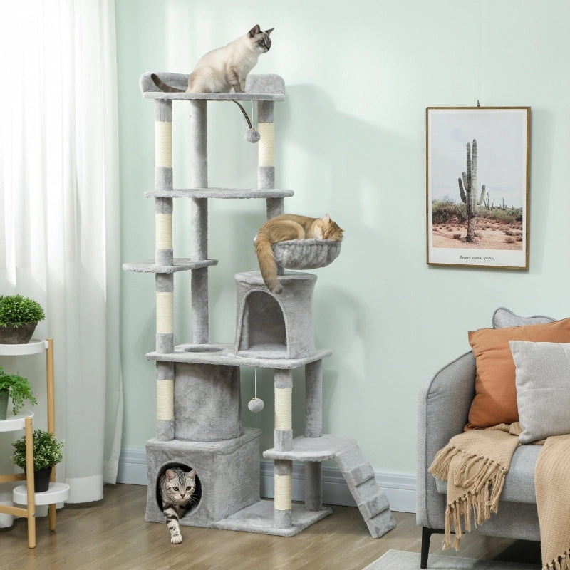 TIRAGRAFFI per gatti 170 cm con tunnel, cuccette e base ampia, grigio chiaro
