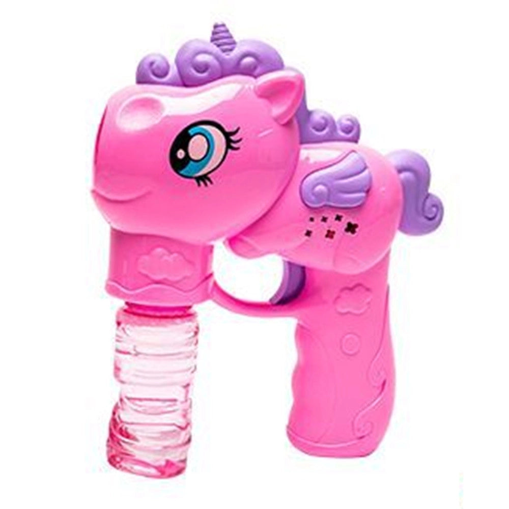 Trade Shop - Pistola Spara Bolle A Forma Di Pony Con 2 Flaconi Di Ricarica Da 50 Ml 3 Colori 6726065 -