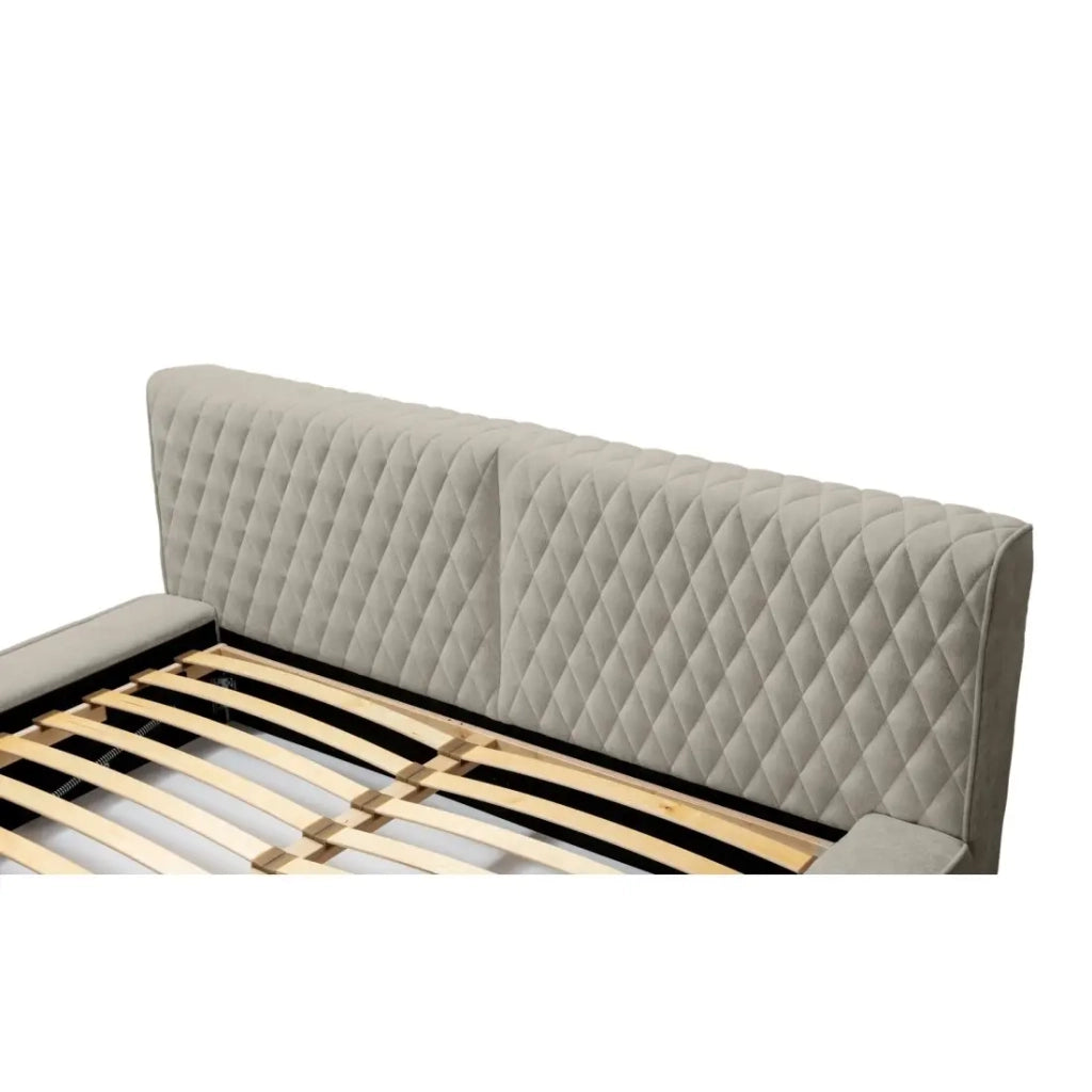 Letto contenitore VERNON – Tessuto bouclé chenille Taupe fumé – 140x200 cm – Rete sollevabile – Design di alta gamma