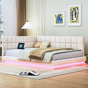 Divano letto 140x200 cm con LED e porta USB; tessuto di lino beige
