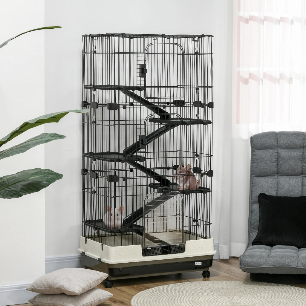 Gabbia per conigli a 5 livelli con 3 porte 5 rampe vassoio rimovibile ruote ¨C Xylo ¨C 81x52,5x159cm nero grigio