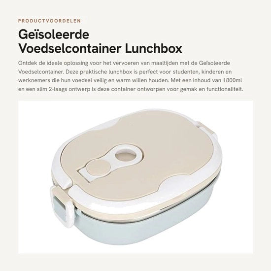 Contenitore di Cibo Isolato 1800ml - Acciaio Inossidabile - Portatile - Doppio Strato - Chiusura a Sicurezza - Ventilatore a Flussi d'Aria - Scatola per Pic-Nic