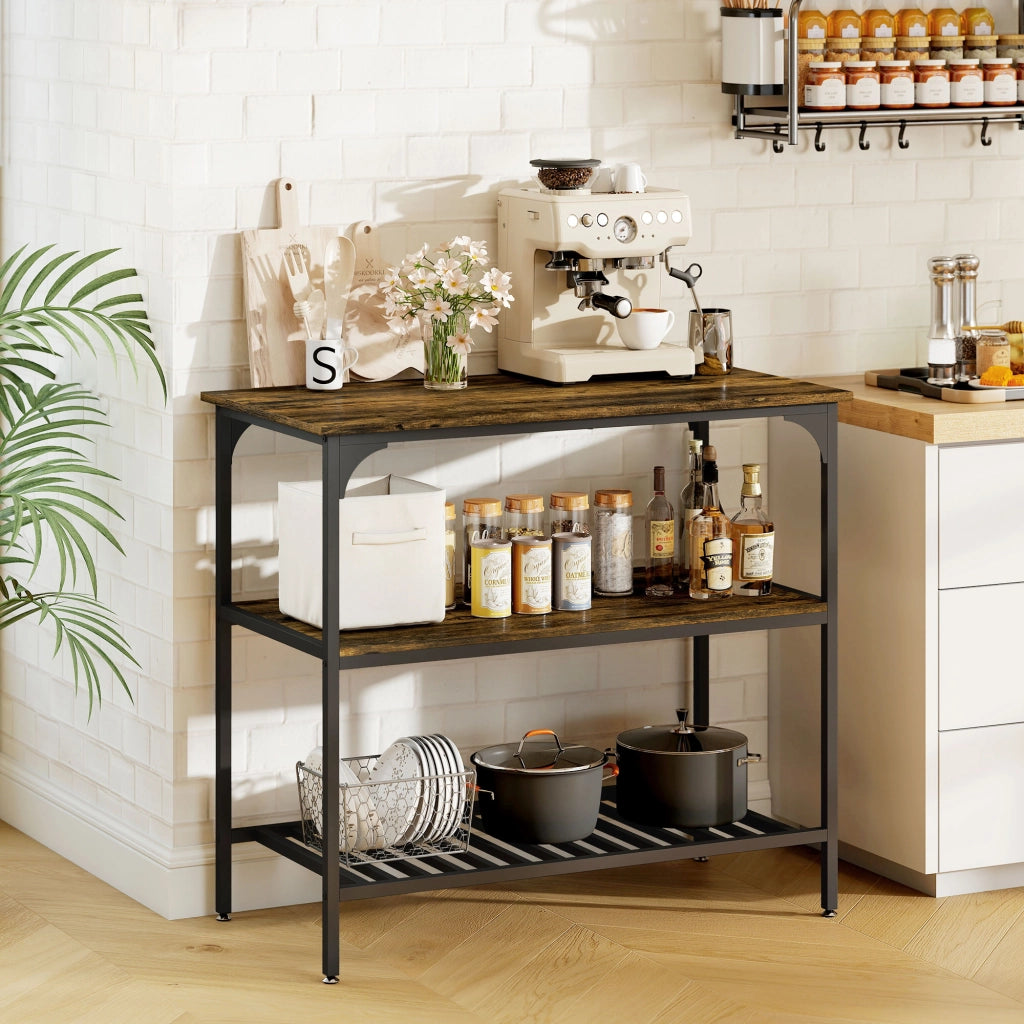 Scaffale da cucina rustico ¨C zephmum ¨C 3 ripiani, in acciaio, marrone e nero