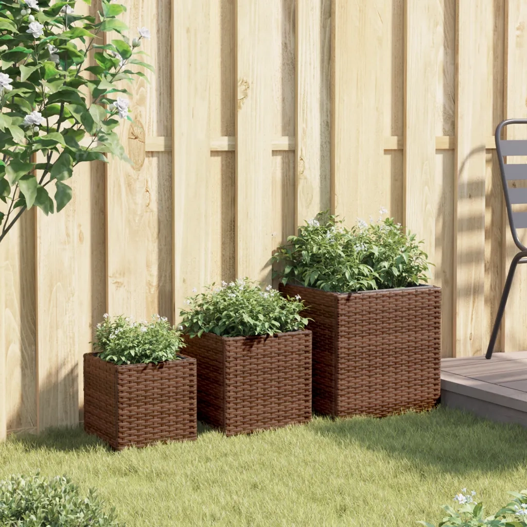 Fioriere da Giardino 3 pz Marroni in Polyrattan 366396